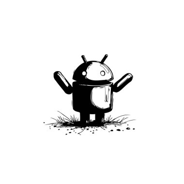 Modaya uygun bir monokrom illüstrasyonunda, dijital ve yaratıcı projeler için mükemmel, temiz, minimalist bir stile sahip, kolları hoş geldin jesti ile kaldırılmış tuhaf bir android karakter bulunur..