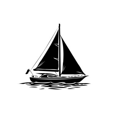 Minimalist bir grafik, suda huzur içinde yüzen bir yelkenli tasvir ediyor. Monokromatik palet görüntünün basitliğine katkıda bulunur ve dinginlik hissi uyandırır..