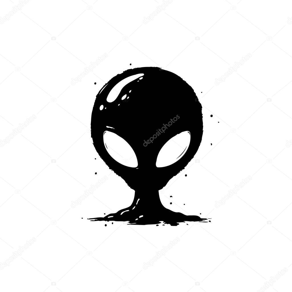 A stylized black alien head is presented against a white background. The design evokes feelings of mystery, symbolizing the unknown world of extraterrestrial concepts.