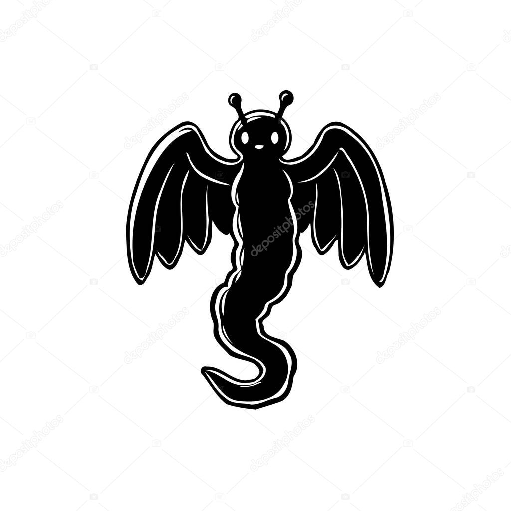 Black and white digital illustration of a winged worm. The creature features a simplified style, with minimal details, ideal for logo design.
