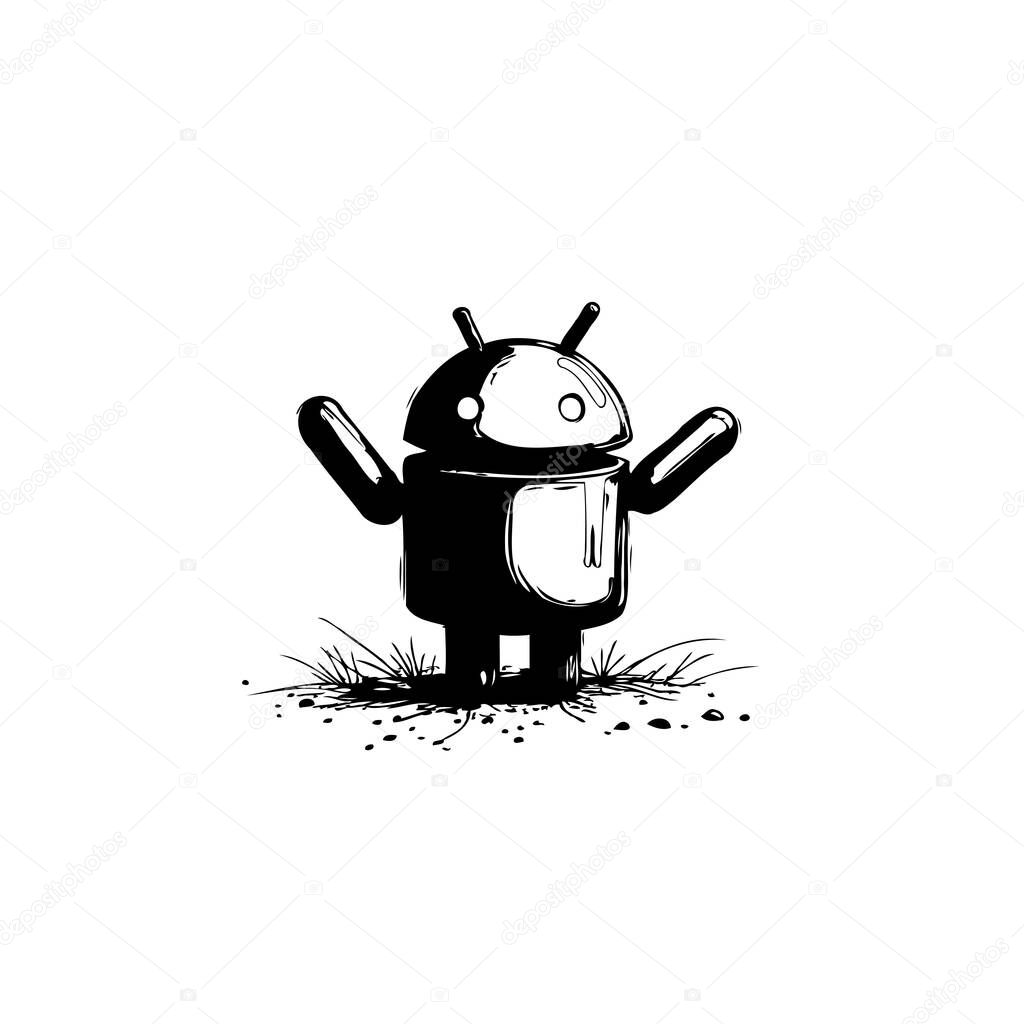 A stylized monochrome illustration features a whimsical android character with its arms raised in a welcoming gesture, rendered in a clean, minimalistic style perfect for digital and creative projects.