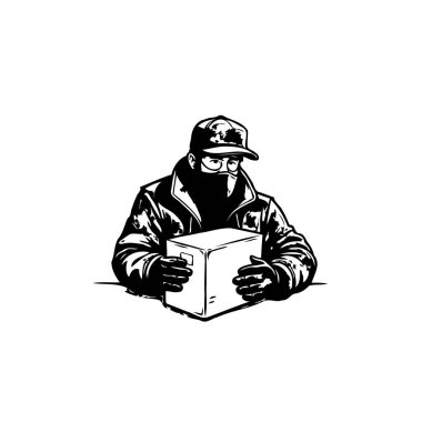 Maskeli ve şapkalı isimsiz bir kişi bir paket tutuyor, gizemli bir hava yaratıyor ve güvenli ya da gizli teslimat temaları öneriyor..