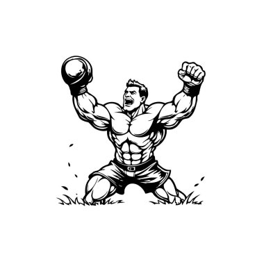 Kaslı bir savaşçı zaferi kollarını kaldırarak kutlar. Çizim, sportif bir anlatı içinde atletizm, zafer ve fiziksel gücün gösterisini yakalıyor..