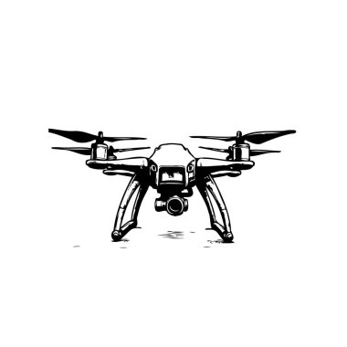 Detaylı bir monokrom sunumu modern bir dron, teknolojik gelişmeleri vurguluyor. Bu sanat eseri pervaneler, kamera ve iniş takımları gibi tasarım elementlerini vurgular..