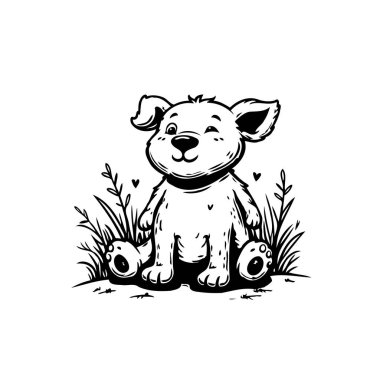Sevimli bir siyah beyaz illüstrasyon, bir karikatür yavrusu sunar, göz kırpar ve bir yaprak parçasının içinde oturur. Bu tatlı tasarım neşeyi ve masumiyeti çağrıştırıyor..