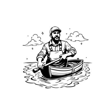 Tek renkli vektör çizimi, bulutlu bir gökyüzünün altında küçük bir teknede kürek çeken sakallı bir adamı gösteriyor. Sanat eserleri sakin, maceraperest ve barışçıl bir keşif hissi uyandırıyor..