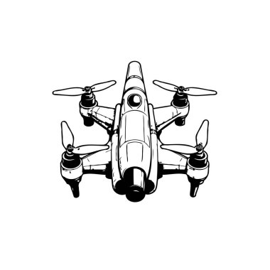 Ön taraftan görülen bir dronun detaylı siyah beyaz çizimi. Resimlerde dronun pervaneleri, gövdesi ve diğer teknik özellikleri gösteriliyor. Hepsi de temiz ve minimalist bir şekilde yapılmış..