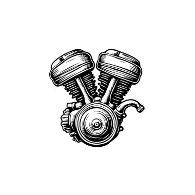 Karmaşık bir illüstrasyon bir motorun v-ikiz motorunu tasvir eder. Çizim, siyah ve beyaz renkte yapılmış güçlü motorun mekanik karmaşıklığı ve klasik tasarım unsurlarına odaklanır.