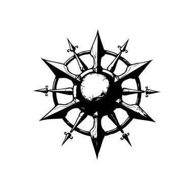 Radyal bir figürü tasvir eden stilize monokrom grafiği. Keskin çizgiler, merkezi bir noktadan gelen yönsel kuvvetleri gösteren karmaşık ve soyut bir desen oluşturur. Sembolik temsiller için ideal.
