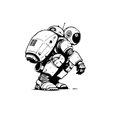 A monochrome, cartoon-style illustration features a stylized astronaut in a squatting pose. The spaceman's distinctive suit and helmet suggest a world of futuristic space exploration.