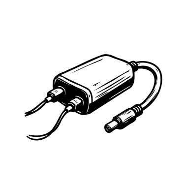 Bir illüstrasyonda kablosu ve konnektörü olan bir elektronik şarj cihazı sergileniyor. Bu, elektronik aksesuarları ve çeşitli cihazlar için gerekli olan güç kaynaklarını temsil ediyor..