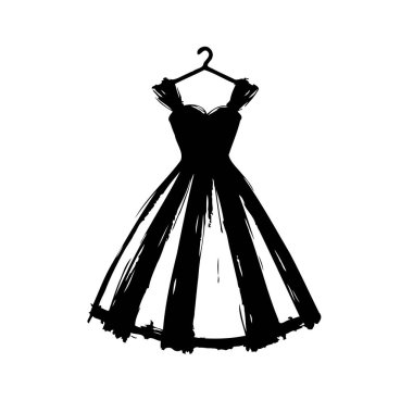 Askıdaki siyah elbisenin şık bir taslağı. Moda blogları ya da tasarım projeleri için ideal. Basitliği zarafet ve modernliği yakalar, giysi konsepti için mükemmeldir..