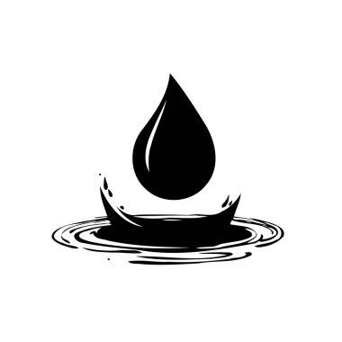 Şekillendirilmiş siyah su damlası sıvı bir yüzeye çarpıyor, sıçrama ve eş merkezli dalgalanmalar yaratıyor. Güçlü görsel etkiye sahip minimalist bir grafik, saflığı ve sıvıların dinamik doğasını simgeliyor..