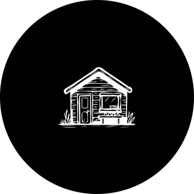 Minimalist bir illüstrasyonda tek renkli bir kabin sergileniyor. Ev, siyah dairesel bir çerçevenin içinde duruyor. Temiz ve kalın bir estetik oluşturuyor..