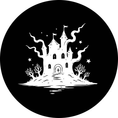 Gotik mimari ve çarpık ağaçlar ve karanlık bir zemin gibi yaratıcı unsurlar aracılığıyla gizemli ve ürkütücü atmosfer duyguları uyandıran bir kalenin tek renkli bir tasviri..