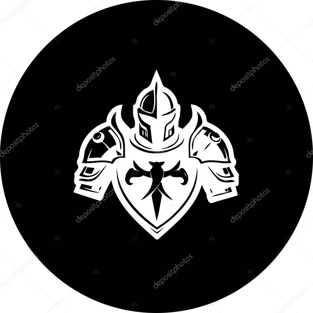 This stylized knight emblem features detailed armor and heraldic shield, set against a deep black circle, creating a symbol of medieval strength and chivalry. The graphic evokes fantasy and historical themes
