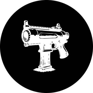Bir makineli tüfeğin stilize edilmiş tasvirini içeren tek renkli illüstrasyon, katıksız siyah dairesel bir arkaplana karşı kurulmuştur. Tasarım, basit ve temiz bir grafik tarzıyla retro ve gelecekçi estetiğin bir karışımını taşıyor..