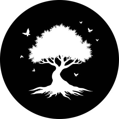 Belirgin kökleri ve uçuşan kuşları olan, saf beyaz bir ağaç silueti. Hepsi de koyu siyah bir çember içinde, grafik bir tasarım yaratıyor..