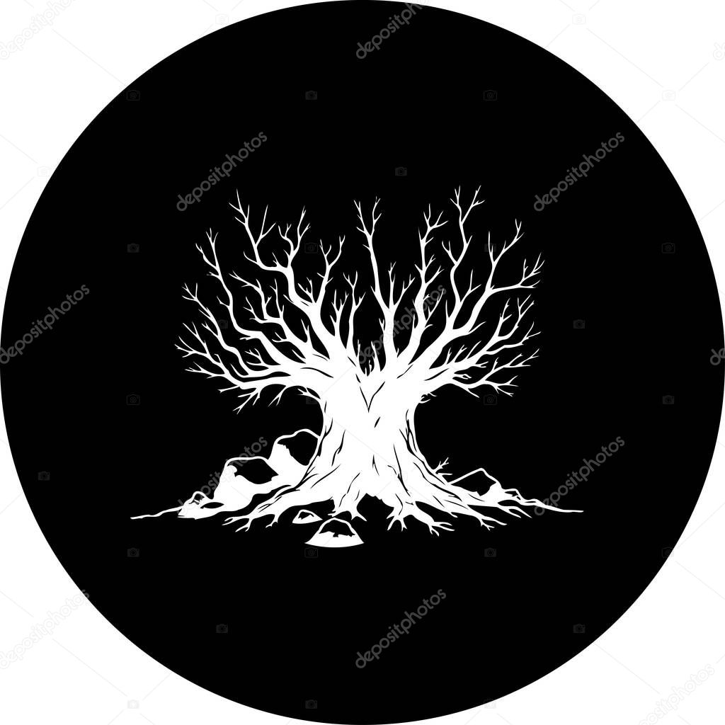 Striking silhouette of a bare tree, its intricate branches reaching skyward. Presented within a bold, black circle, evokes a sense of stark beauty and natural resilience.