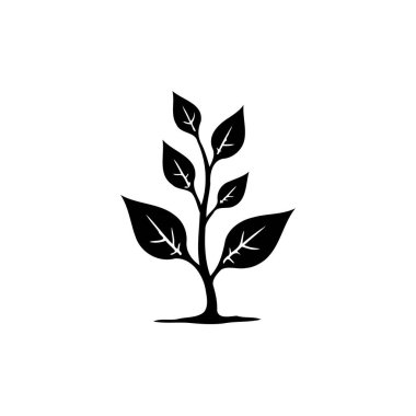 Basit bir grafik, filizlenen yaprakları olan küçük bir bitkinin beyaz bir zemin üzerinde simsiyah betimlendiğini gösteriyor, organik büyüme ya da ekolojik temaları temsil etmek için ideal..