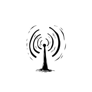 Bir anten dalgalar yayar, iletimi, bağlantıyı ve iletişimi sembolize eder. Bu stilize edilmiş simge, basit bir siyah beyaz vektör grafiğinde modern teknolojiyi temsil ediyor..