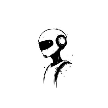 Bir monokrom illüstrasyonunda stilize kask takan bir kişi anonimlik havası yaratıyor. Minimalist yaklaşım tasvir edilen karakterin gelecekteki yönünü vurgular ve grafik kompozisyonu modern sanatsal bir dokunuş ekler..