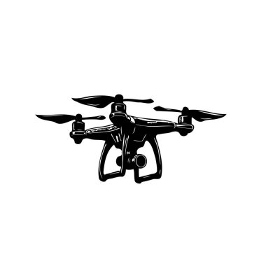 Beyaz bir arkaplana karşı bir dronun izole edilmiş tek renkli silueti. Görüntü, modern teknoloji, hava gözetimi ve uzaktan kumanda temalarını çağrıştırıyor..