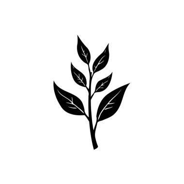 Silüette yapraklı bir filiz içeren minimal botanik bir çizim, tazelik, doğal malzemeler veya organik tasarım temalarını öneriyor..
