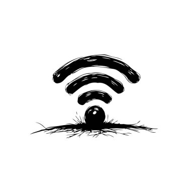 Sanatsal bir illüstrasyonda, köklü bir küreden kablosuz teknolojinin ve dijital bağlantının temel kaynağını temsil eden bir Wi-Fi sembolü yer alıyor..