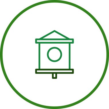 Bir kuş evinin basit, yeşil çizgili bir simgesi bir dairenin içine kurulur. Doğa, ev ve kuş barınağı fikirlerini minimalist bir tasarımla iletir..