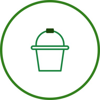 Minimalist yeşil bir kova çizimi. Temiz, özet çizilmiş bir tasarımı var. Beyaz arka planda izole edilmiş ve yeşil bir daire tarafından çerçevelenmiş bu grafik basit ve modern..