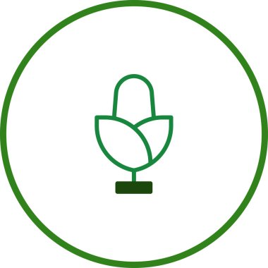 Yeşil çemberlerle çevrili beyaz bir zemin üzerindeki minimalist yeşil mısır ikonu tarım ve taze ve sürdürülebilir gıdanın özünü taşır.