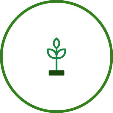Minimalist bir illüstrasyon, yeşil bir çemberin içinde küçük bir bitkiyi sergiliyor. Büyümenin, doğanın ve ekolojik bilincin sembolü..