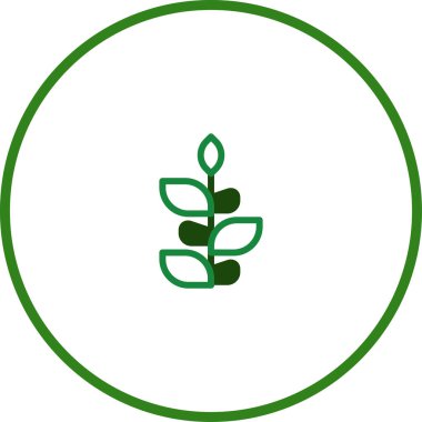 Yapraklı, dairesel çerçeveli, logolar veya dekoratif elementler için ideal, stilize edilmiş yeşil bir bitki içeren minimalist bir vektör çizimi.