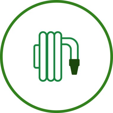 Bahçeler ve tarım alanlarında sulama ve sulama için sarmalanmış ekipmanları tasvir eden basit bir yeşil bahçe hortumu ikonu. Tarım ve modern tasarımlar için mükemmel..