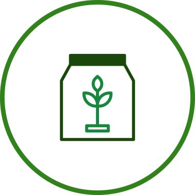 Yeşil bir çemberin içindeki bir torbadan filizlenen bitkiyi tasvir eden basit, minimalist yeşil bir ikon. Doğa, bahçıvanlık veya organik ürünlerle ilgili projeler için ideal.