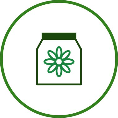 Minimalist yeşil bir ikonda, belirgin bir çiçek tasarımına sahip bir tohum paketi bulunur. Bu, bahçeciliği, büyümeyi ve ekolojik farkındalığı sembolize eder..
