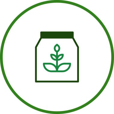 Minimalist bir illüstrasyonda üzerinde bitki sembolü bulunan bir gübre torbası, tarımı, bahçıvanlığı ve bitki büyümesini temsil ediyor..