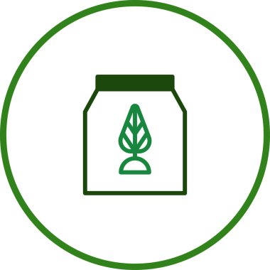 Çevre dostu ambalajı temsil eden minimalist bir simge. Yeşil bir çemberle çevrili, sürdürülebilir ürünleri ve çevresel farkındalığı teşvik eden bir paket hatları içindeki bitki sembolü.