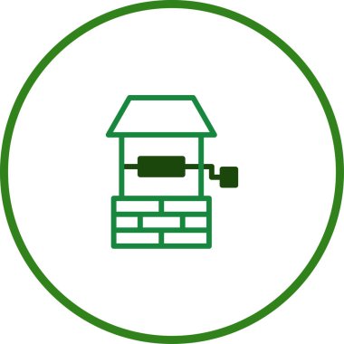 Yuvarlak bir çerçeve içindeki bir kuyunun minimalist, yeşil çizimi, su, köy yaşamı veya eski tarım sembolleri için mükemmel..