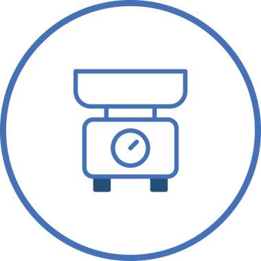 Mutfak terazisinin minimalist bir çizimi, basit bir tasarımla, beyaz bir arka planda, mavi çember çizgisi ile kaplanmış, temiz bir illüstrasyon..