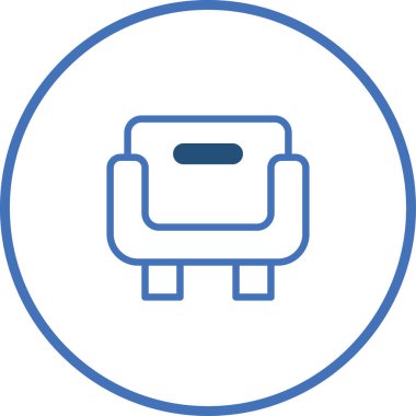 Aynı dairesel çerçeveyle çevrelenmiş mavi renkli bir koltuk ikonu içeren minimalist bir illüstrasyon. Tasarım basitliği ve modern estetiği vurguluyor..
