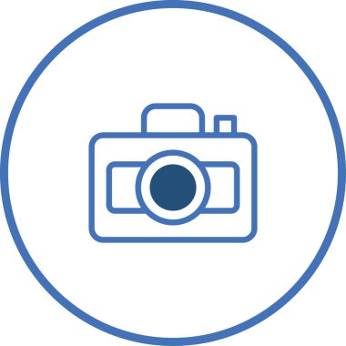 Bir kameranın minimalist bir illüstrasyonu mavi bir daire içinde kaplıdır. Fotoğrafçılık, tasarım, teknoloji ve görsel medyayı temsil eder..