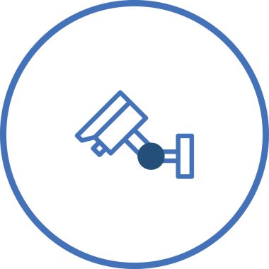 Mavi bir dairenin içindeki güvenlik kamerası ikonunun minimalist bir çizimi, güvenlik sistemleri, teknoloji ve ev ya da iş dünyası için koruma kavramlarını temsil ediyor..