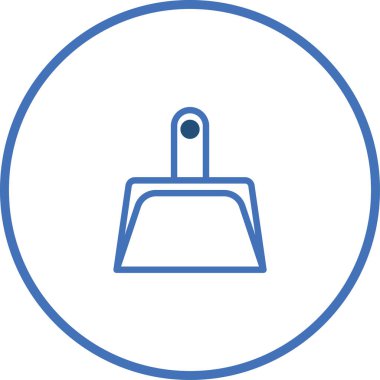 Mavi bir faraş ikonunun minimalist çizgisi çizimi, mavi bir daire içinde. Temizliği, ev bakımını ve düzenli bir çevreyi sembolize eder.