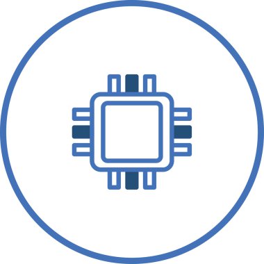 Teknoloji temaları, hesaplama kavramları ve dijital temsiller için ideal mavi bir çember içinde merkezi olan mavi bir işlemci simgesi.