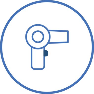 Bu basit ve modern ikon tasarımı beyaz arka planda mavi bir saç kurutma makinesine sahiptir. Güzellik ve güzellik salonu ile ilgili projeler için ideal.