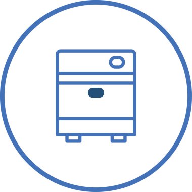 Bir minimalist çizgi sanat illüstrasyonunda, temiz beyaz bir zemin üzerine kurulmuş ve mavi bir daire içinde çerçevelenmiş, çekmecesi olan modern bir komodin sergilenir..