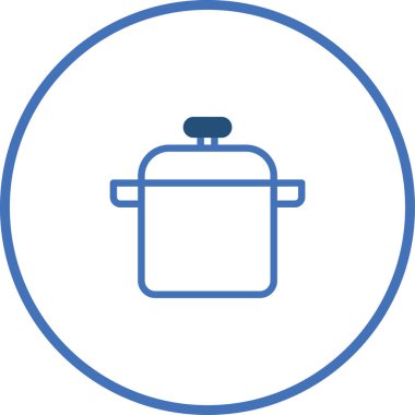 Minimalist bir görüntü mavi bir daire içinde mavi ile çizilmiş kapaklı bir tencereyi gösterir. Yemek ve mutfak aletlerini temsil ediyor..