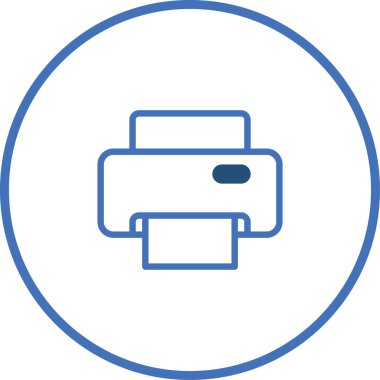 Bir minimalist mavi yazıcı simgesi, bir daire şeklinde çevrili, yazıcı, ofis ekipmanları ve belge işleme, basit ve modern görsel.